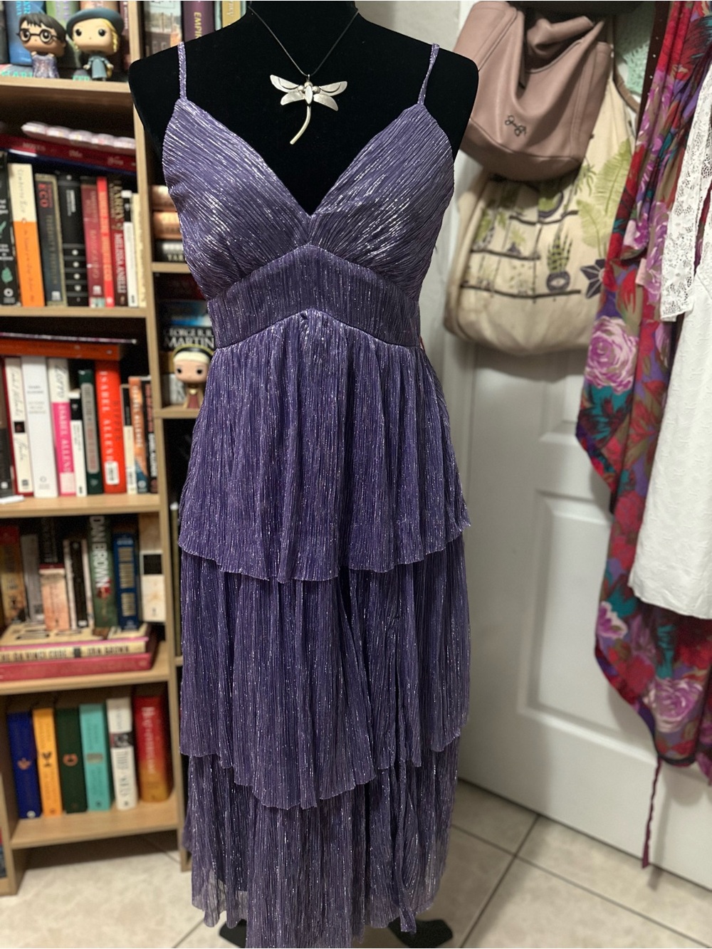 Trixxi Purple Metallic Tiered Midi Dress with Spaghetti Straps